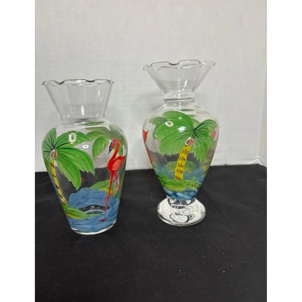 Handpainted Glass Vase Flamingos and Palm Trees